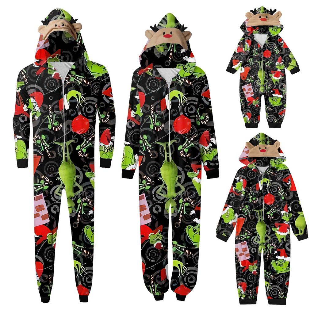 Christmas Print Family Matching Hooded Long Sleeved Zippered Jumpsuit Set
