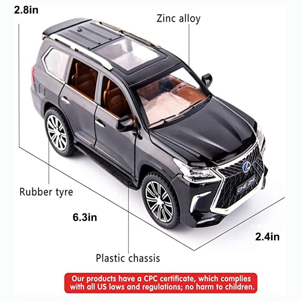 1/32 Scale Lexus LX570 Off-Road Alloy Diecast Car Model, Pull Back Metal Vehicle Toy with Sound and Light 6 Open Doors for Kids Adults Gift Collection