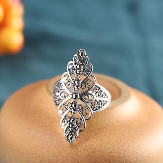 Кольцо на палец в стиле ретро с кружевом, преувеличенные искусственные драгоценные камни, лепесток, женское серебряное декоративное кольцо, ювелирные аксессуары