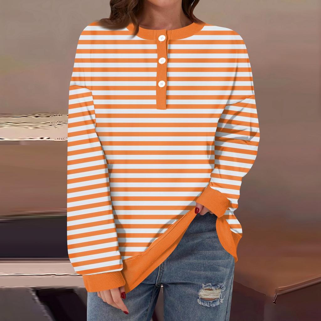 Женская повседневная мода удобная полосатая футболка с длинным рукавом и круглым вырезом на пуговицах, свободный подол с боковыми разрезами
