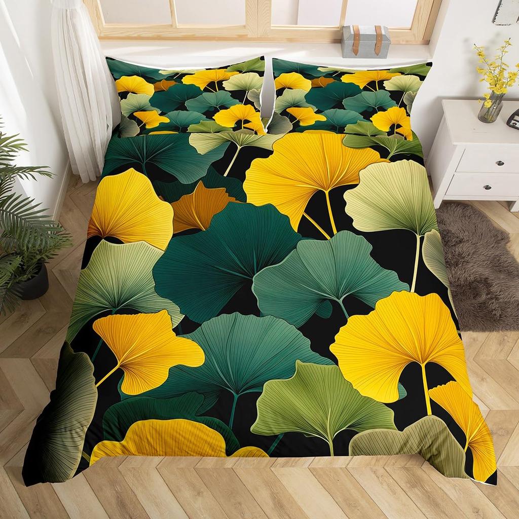 Пододеяльник с изображением листьев гинкго Queen Natural Botanical Комплект постельного белья Plants Rustic Farmhouse Покрывало для одеяла Abstract Leaves Покрывало для одеяла