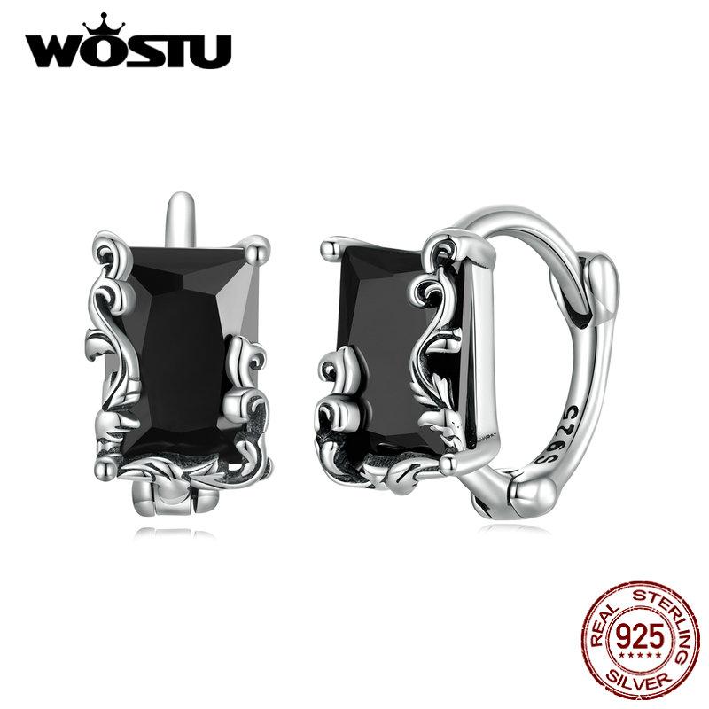 WOSTU 925 Sterling Silver Square Black Zircon Ear Buckles for Women Fine Jewelry Hoop Stud Earrings for Party