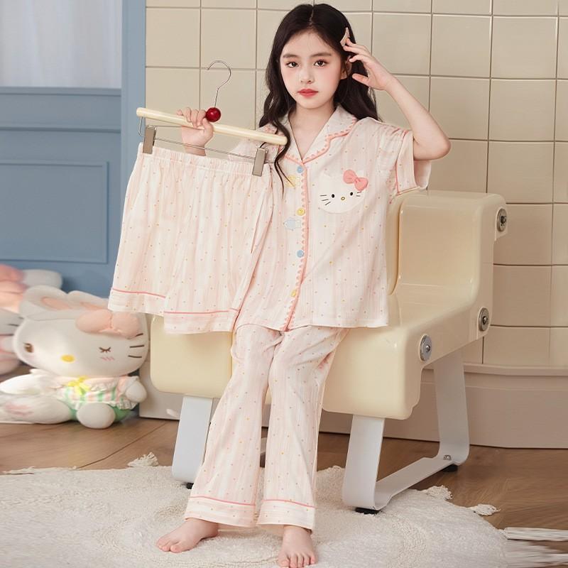 Cotton Cartoon Pajama Set Girls Short Sleeve Sleepwear 3-Piece Outfit Ages 8