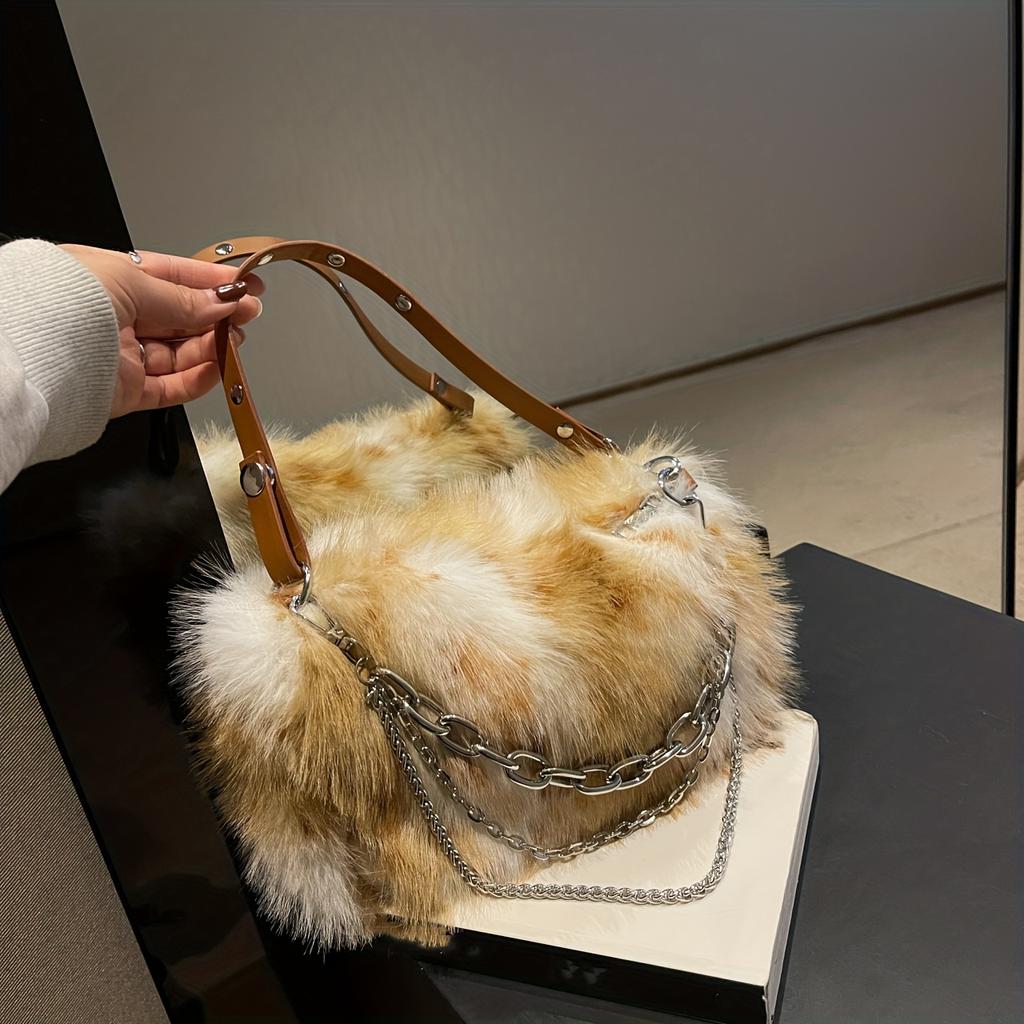 Classic Tie Dye Plush Satchel Bag, Women's Novelty Handbag, Faux Fur Chain Decor Purse For Winter