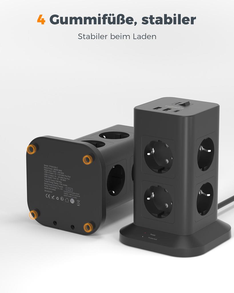 Tessan Сетевой фильтр Tower с удлинителем USB 2M, черный вертикальный сетевой фильтр Tower с защитой от перенапряжения, розетка EU Plug Tower