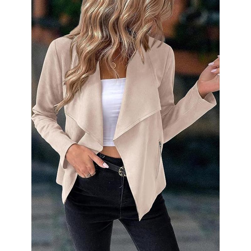 Autumn Fashion Women New Jackets Casual Imitation Deerskin Short Coat Big Lapel Elegant Long Sleeve Zipper Solid Color Clothes 1572