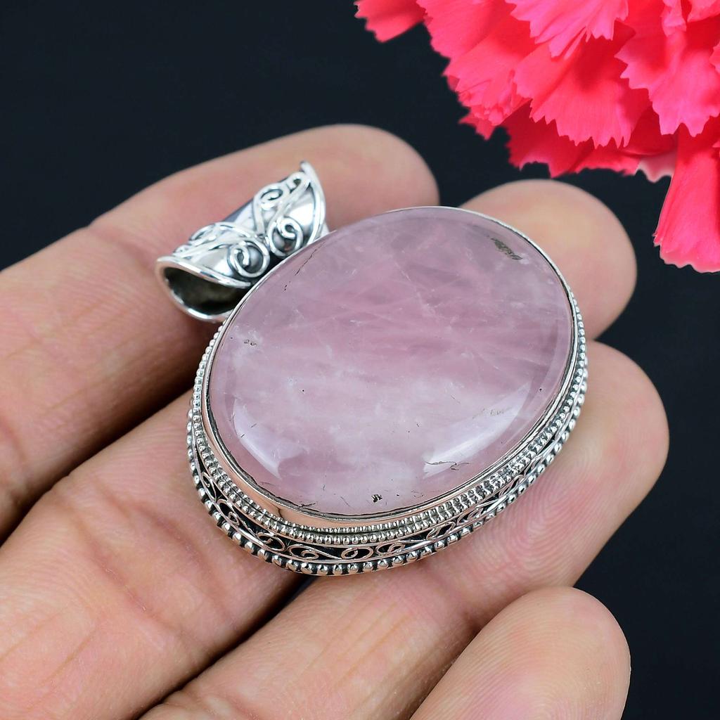 Подвеска из драгоценного камня розового кварца, твердая подвеска из стерлингового серебра 925 пробы, ювелирный подарок для унисекс