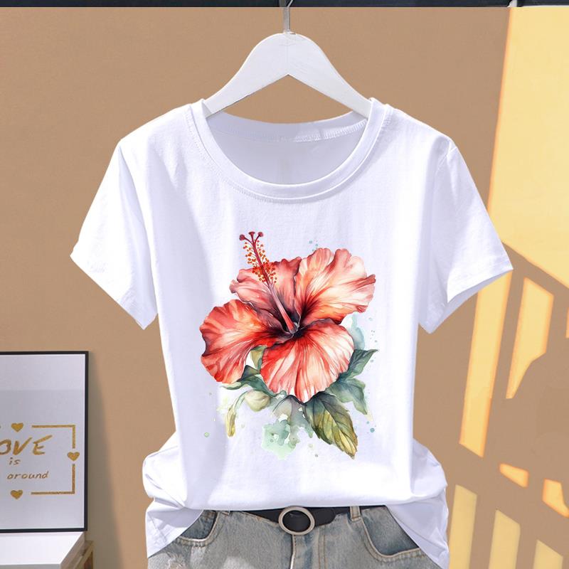 (Osiyo o'lchami) Qisqa yengli futbolkalar trend T yoqimli gul naqshli gul Kiyim Moda Print Ayollar Kundalik Ayollar Top Grafik Futbolka