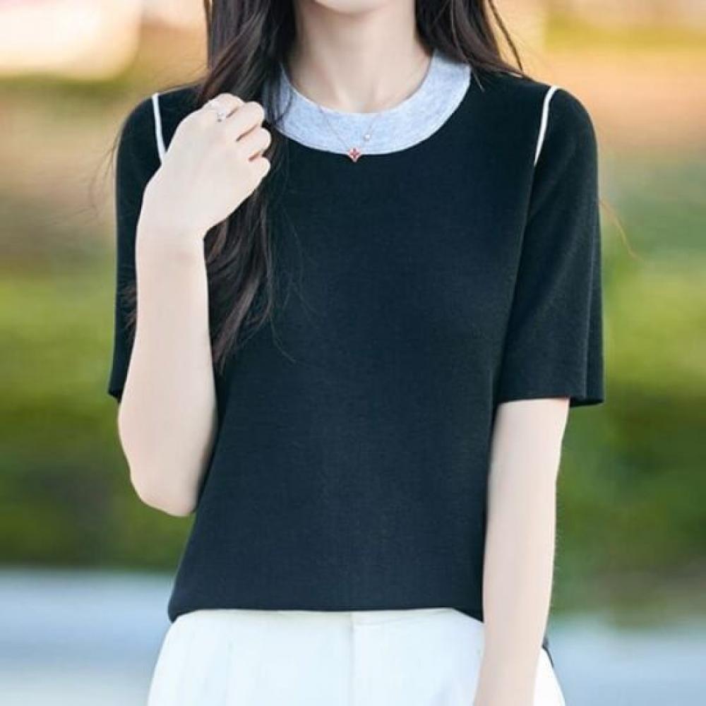 Navava Women Simple Daily Color Block Round Neck Short Sleeve Knit Top Nk2967