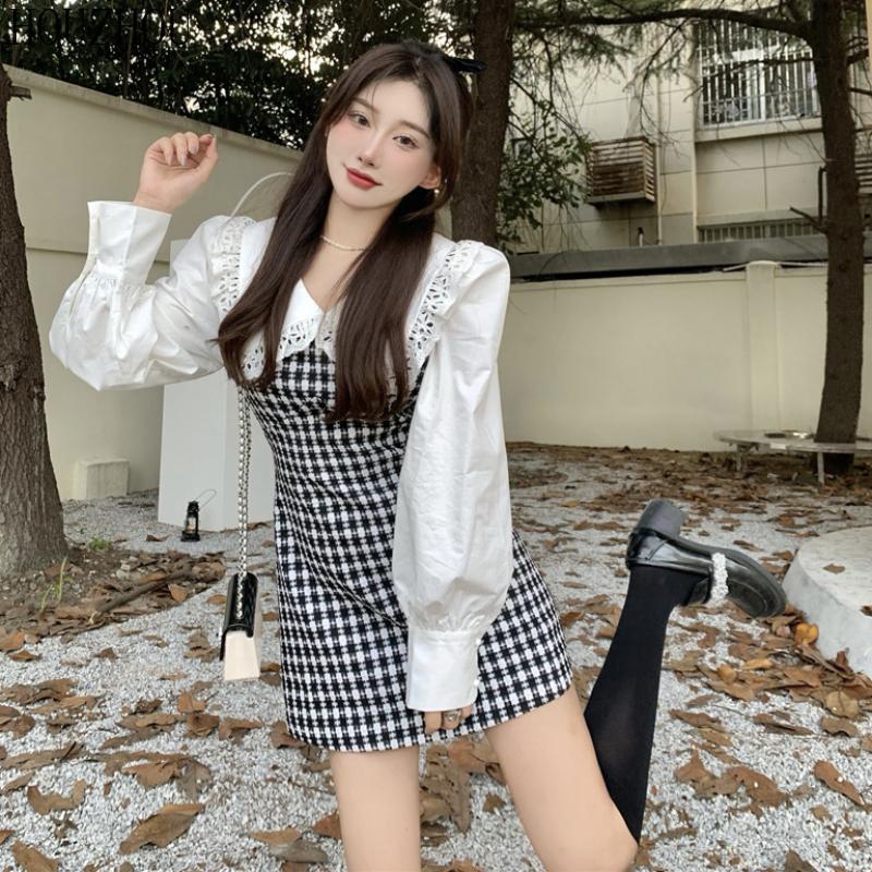 HOUZHOU Платье в клетку с кукольным воротником, женское платье из двух частей, милое элегантное шикарное платье феи в корейском стиле