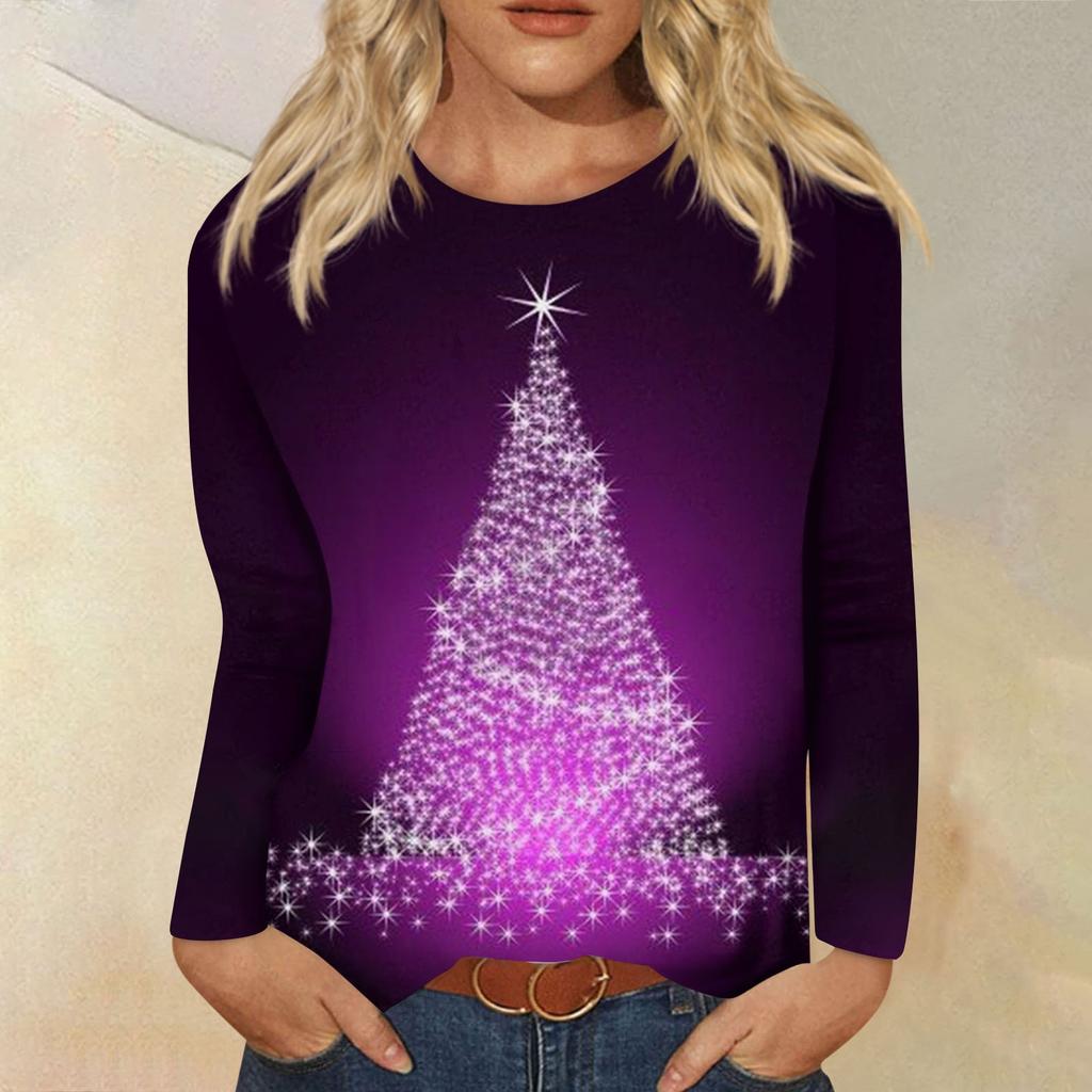 Женская мода Повседневная футболка с длинным рукавом с рождественским принтом и круглым вырезом Топ