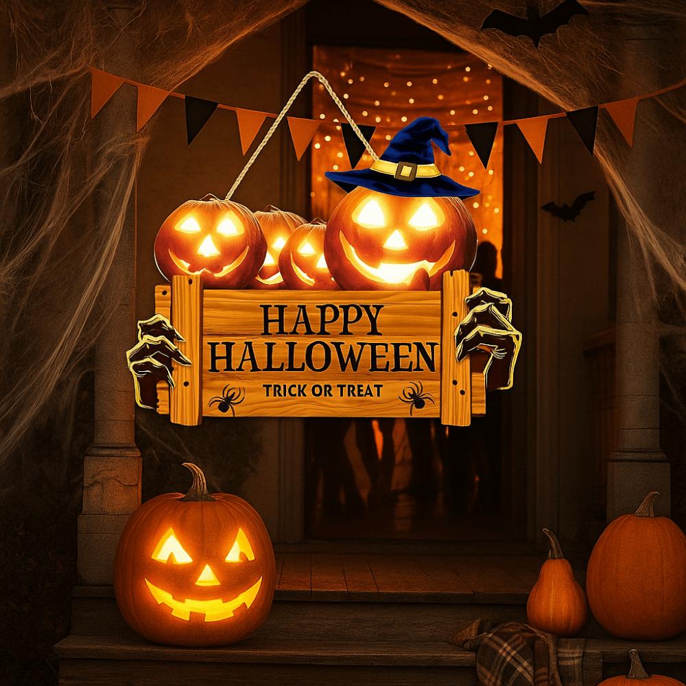 2D Halloween Wooden Sign Spooky Ghost Pumpkin DIY Halloween Wood Ornament with Rope Halloween Welcome Sign Garden Hanging Decor
