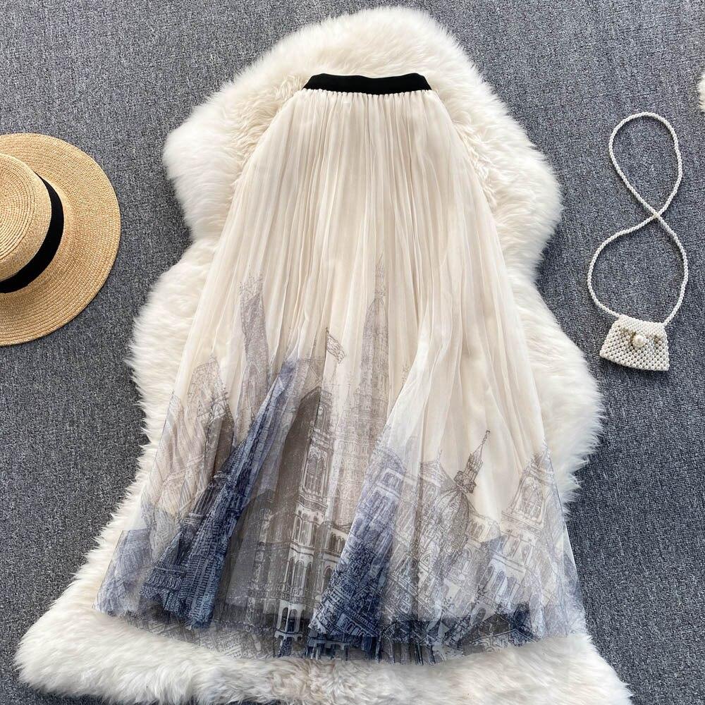 Qooth Женская весенняя газовая юбка средней длины с высокой талией, повседневная сетчатая юбка трапециевидной формы с принтом QT1824