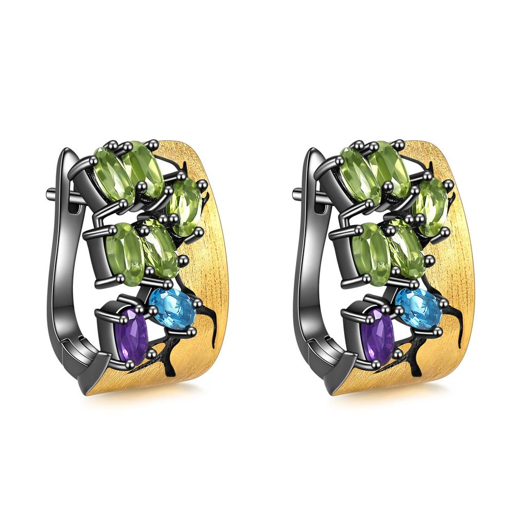 Italian Abstract Original Designer Jewelry Accessories 925 Silver Gold-plated Inlaid with Colored Gemstones Natural Amethyst Earrings