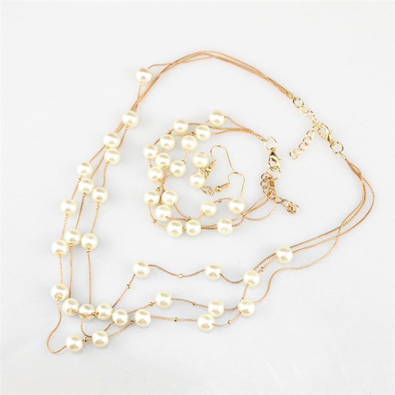 Многослойное жемчужное ожерелье серьги браслет комплект ювелирных изделий свадьба невеста