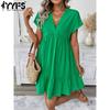 Women's Fashion Summer Spring Solid Color Print Short Sleeve V-Neck Loose Waistline Casual Dresses