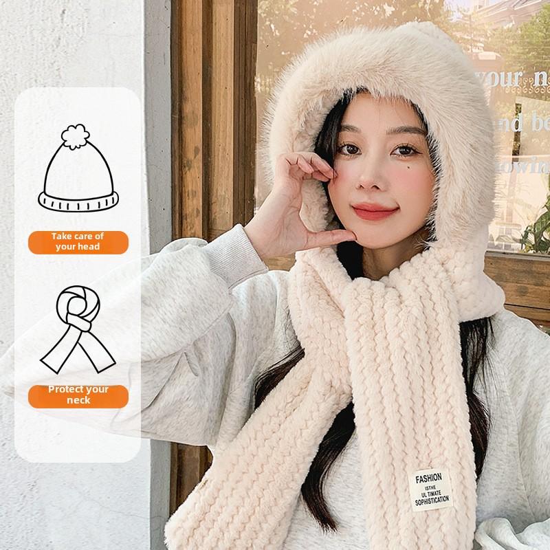 Autumn and Winter Plush Hat, Women's Large Head Circumference, Windproof Ear Protection Scarf, Integrated Hooded Thickened Warm Wool Hat