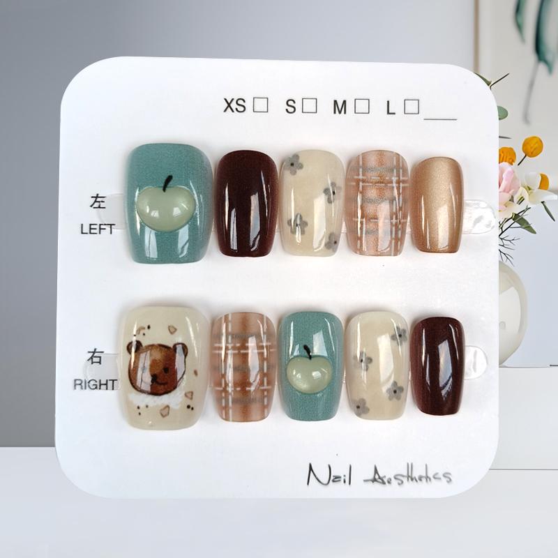10Pcs Cute Bear 3D Apple Cat Eye Press On Nails Brown Retro Checkered Floral Fake Nail Tips