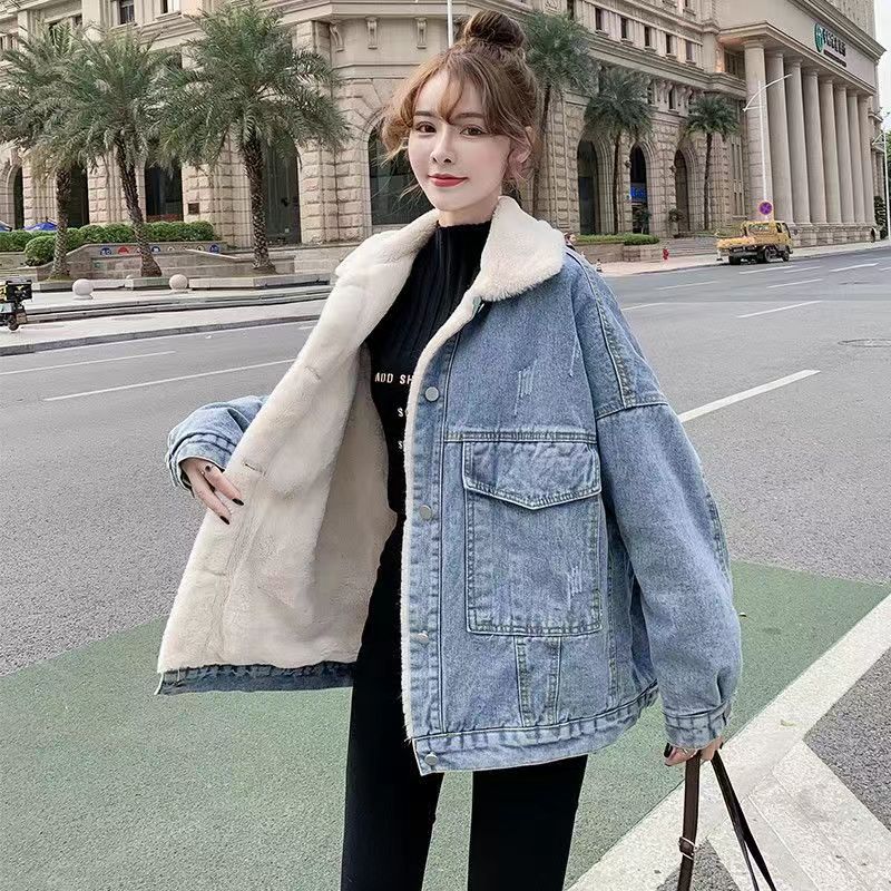 Fashion Winter Women Coat Warm Lapel Denim Thick Jacket Casual Work Clothes Cotton Padded Jackets for Women Tops