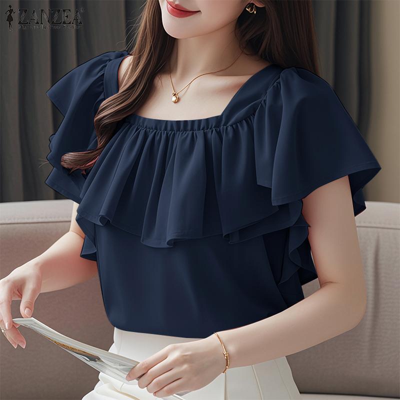 ZANZEA Женская повседневная летняя блузка с квадратным вырезом и короткими рукавами и оборками