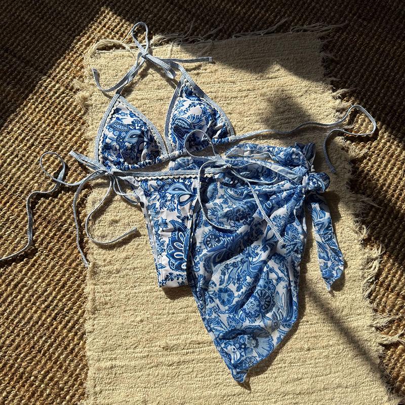 With Sarong Printed Halter Bikini Women Swimwear Female Swimsuit Three-pieces Bikini Set Padded Bather Bathing Suit Swim