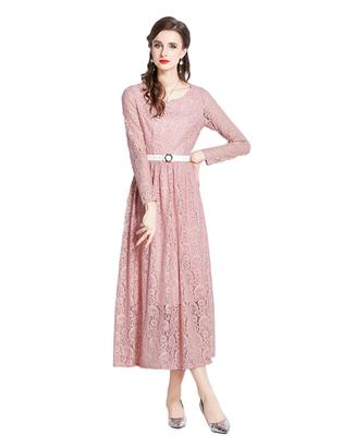 Vilaria Платье-миди с длинным рукавом, вечернее, короткое, круглое, однотонное, идеально для и специальное, женское, полностью кружевное, длина, платье, рукава, вырез, стройнящее, цвет,