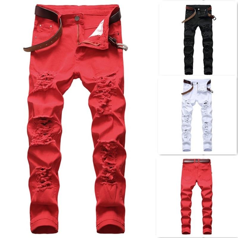 Мужские повседневные эластичные брюки с большими дырками, узкие джинсы, мужские белые, красные, черные брюки с несколькими отверстиями