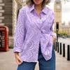 Women Spring Autumn Shirt Lapel Long Sleeve Single Breasted Shirt Tops Solid Color Hollow