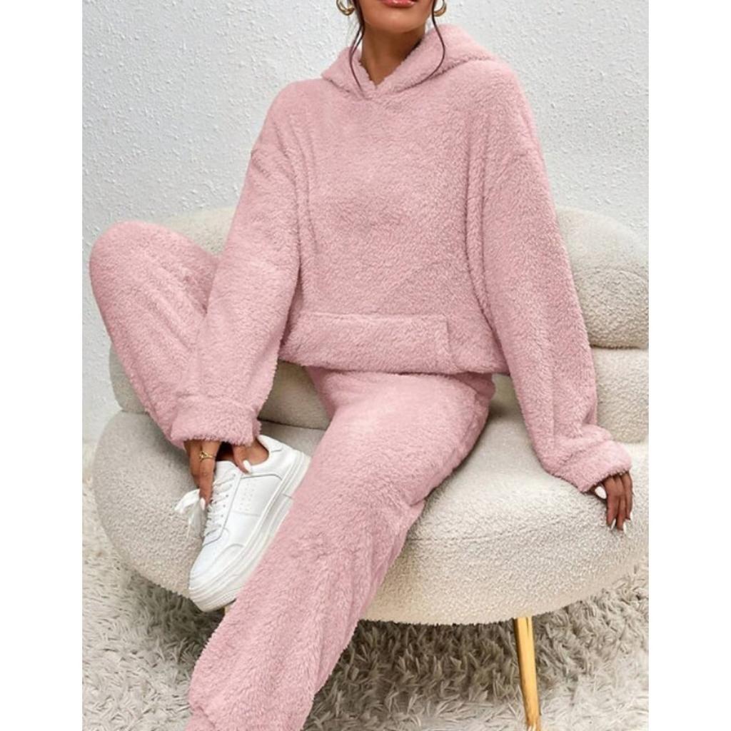 Осенне-зимняя однотонная женская одежда, худи с длинным рукавом, накладной карман, повседневные брюки, домашний комплект из двух предметов