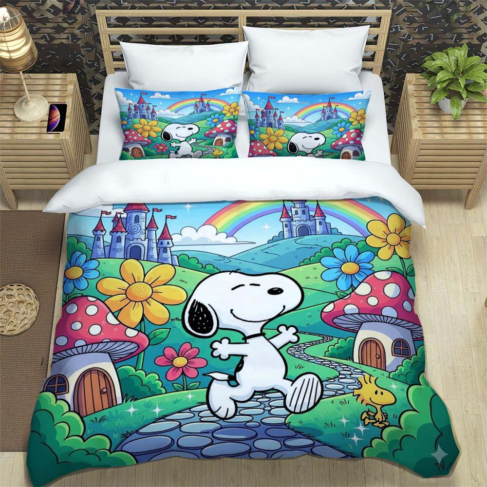 Brightly colored, adorable Snoopy pattern duvet cover and pillowcases, perfect for the bedroom, three-piece set.