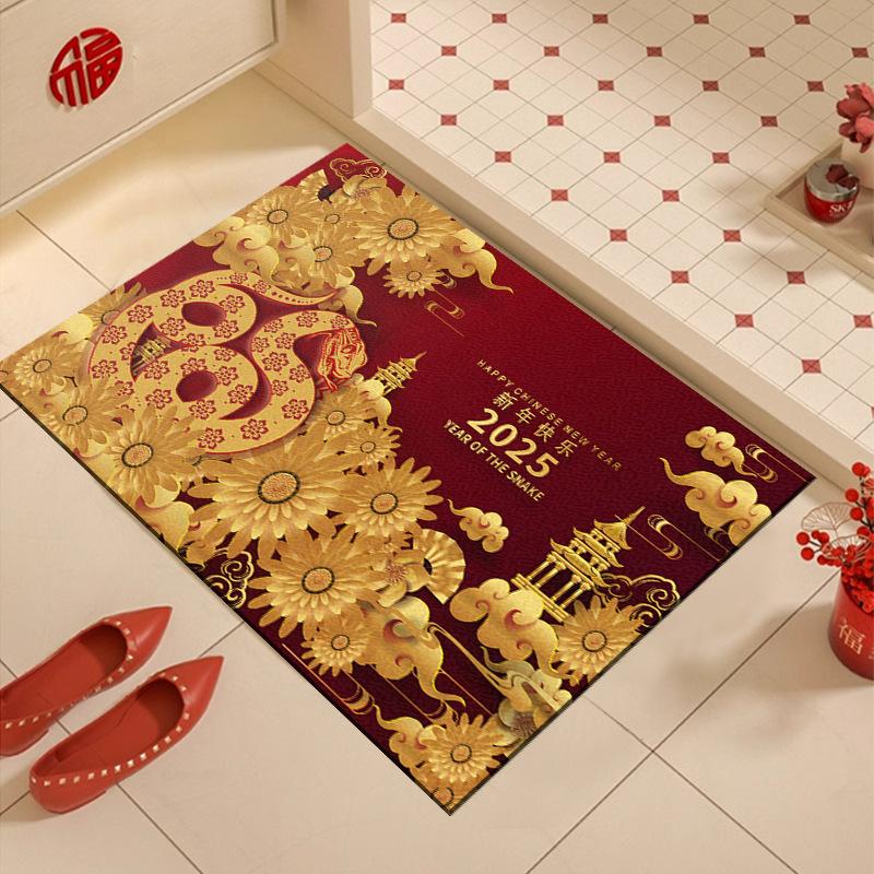 New Year Door Mat Snake Year Door Mat Festive Entryway Water Absorbent Non-slip Foot Mat Entry Door Red Carpet