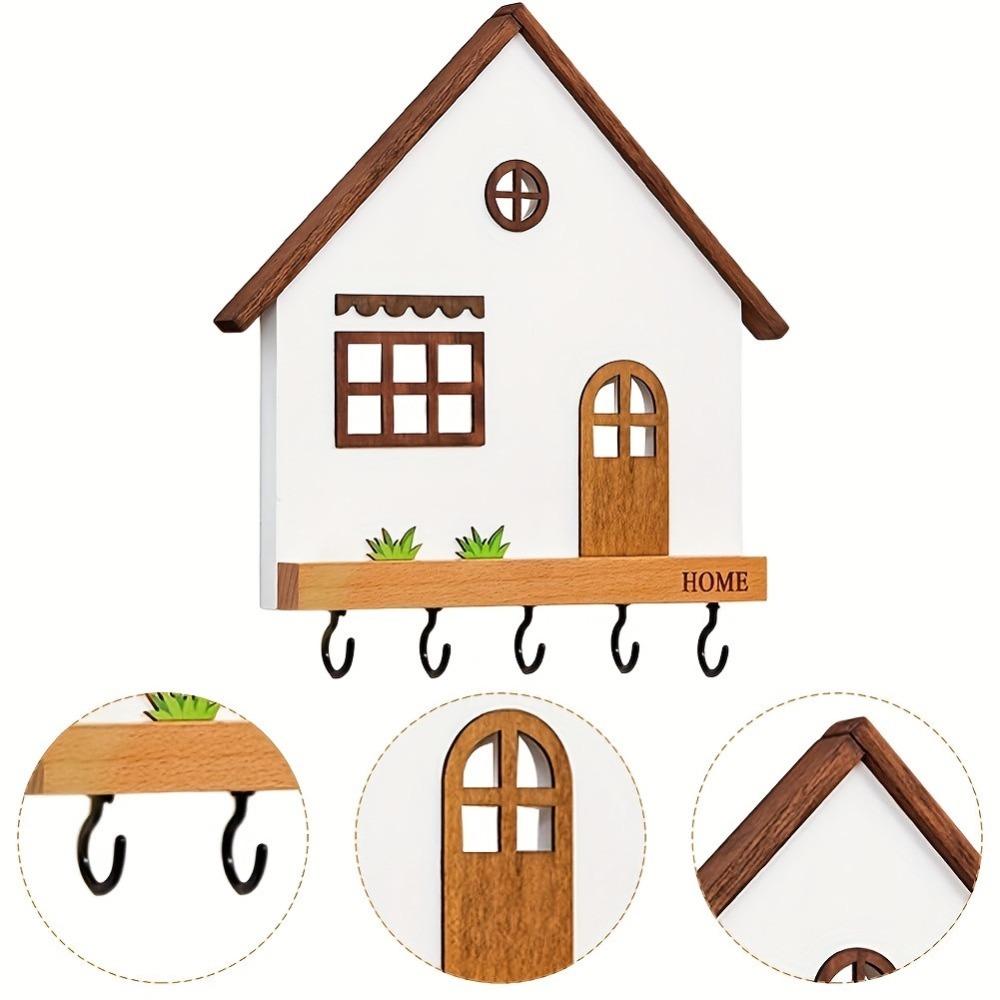 Wooden Wall Mount Key Holder 5-Hook Design House Shape Decorative Hooks Rustic Multi-Purpose Key Rack Bedroom Decorative Shelf