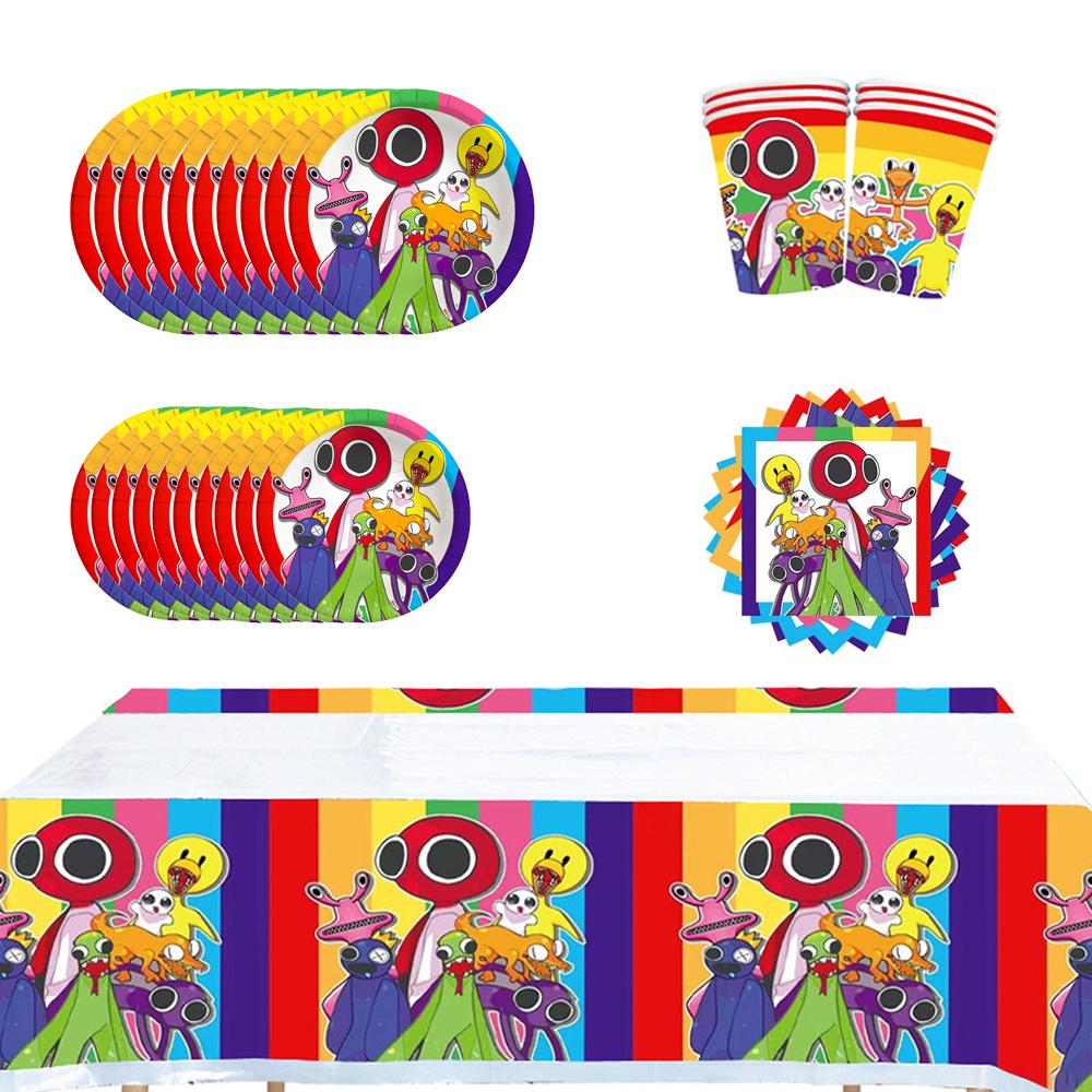 Набор посуды для вечеринки Rainbow Friends включает чашки, тарелки, салфетки и скатерть.