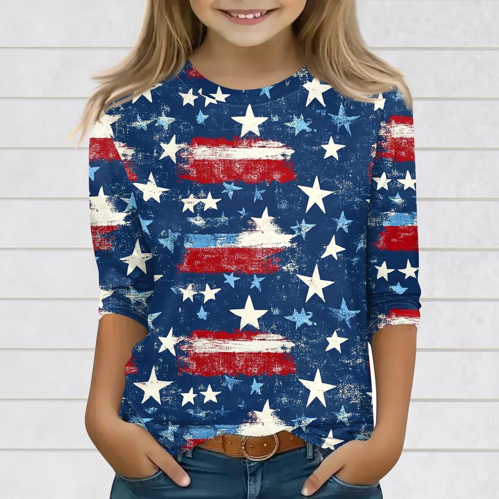 Топы с принтом для девочек 3-10 лет с круглым вырезом и рукавами 3/4 Футболки Модные топы Наряды Футболки