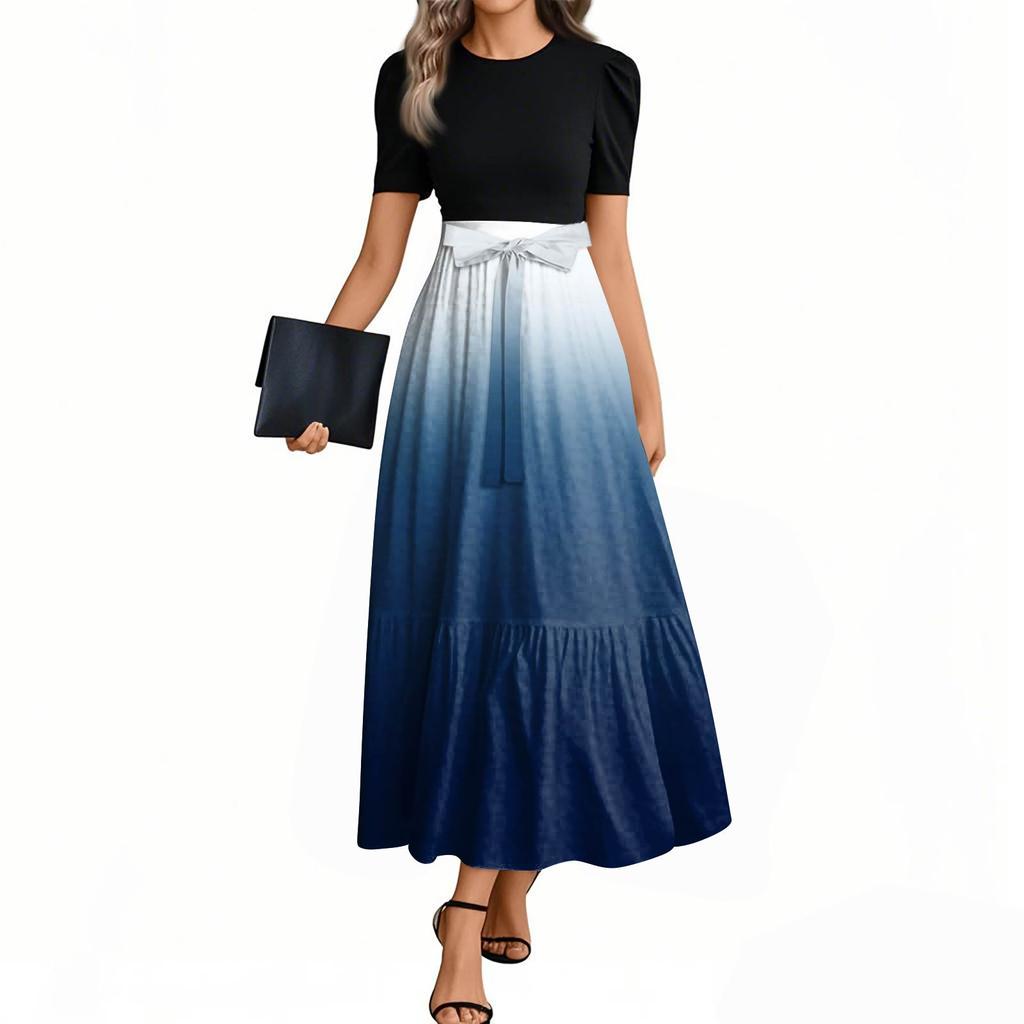 Women's Fashion Casual Belted Short Sleeve Round Neck Printed Elegant Temperament Dresses