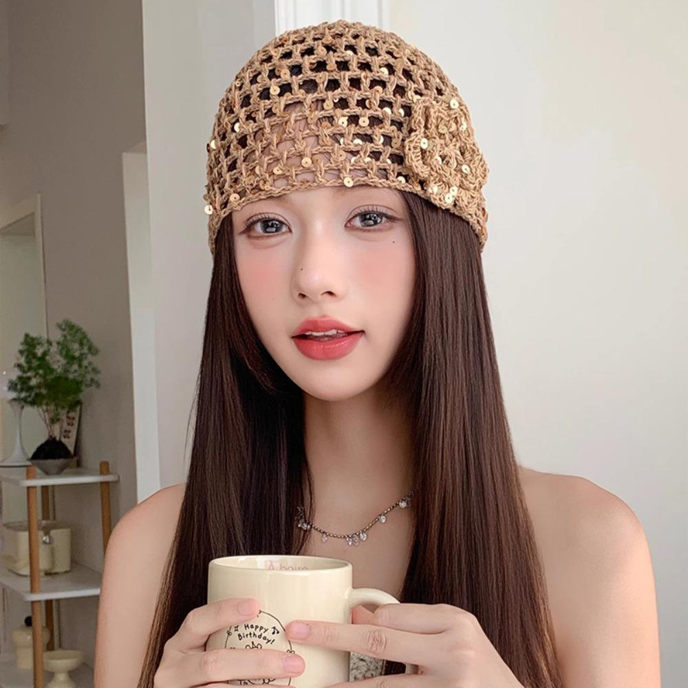 Flower Hollowed Out Knitted Hat Thin Weave Cap Retro Woven Pullover Cap Spring Summer