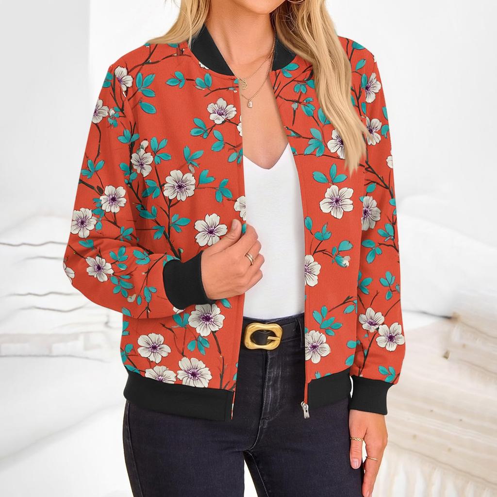 Women's Fashion Long Sleeve Floral Print Round Neck Zip Up Jacket