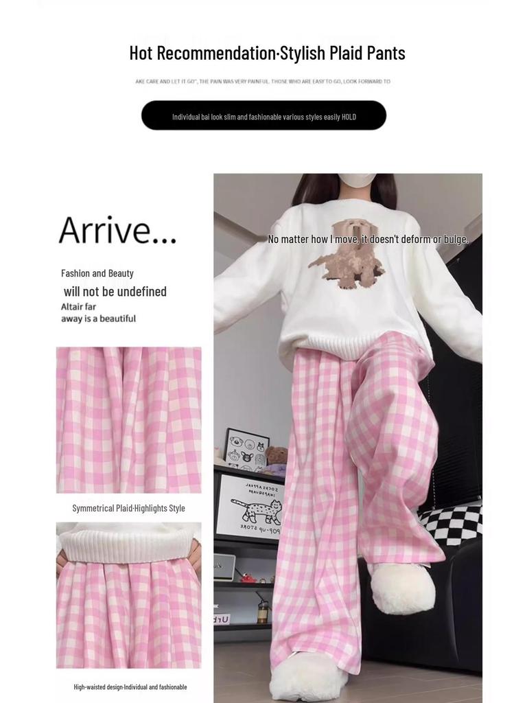 Women's Pink Plaid Straight-Leg Pants, Loose Slimming Fit, Casual Wide-Leg, Floor-Length, Spring/Autumn 2025.
