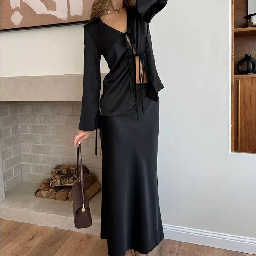 Temperament V-neck lace-up top long skirt two-piece set 1116 autumn European and American elegant satin suit women's clothing