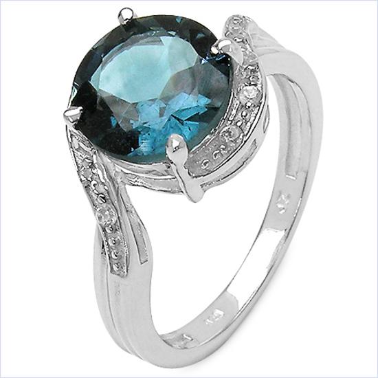 London Blue Topaz Halo Ring 14K White Gold Plated Sterling Silver Ring with White Topaz Accents, Statement Ring for Women