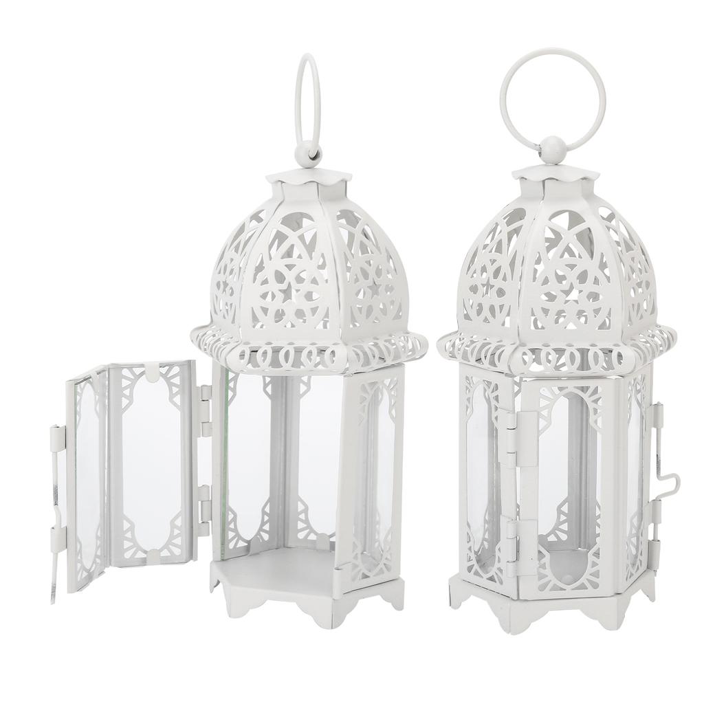 2Pcs Candlestick Ornaments White Transparent Romantic Castle Iron Hanging Candle Holder