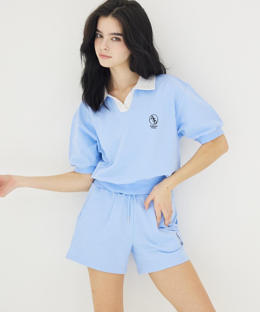 AWESOME STUDIO [Set] Color Block Collar Crop Short Sleeve + Single-Pleat Shorts Set-Up Sky Blue