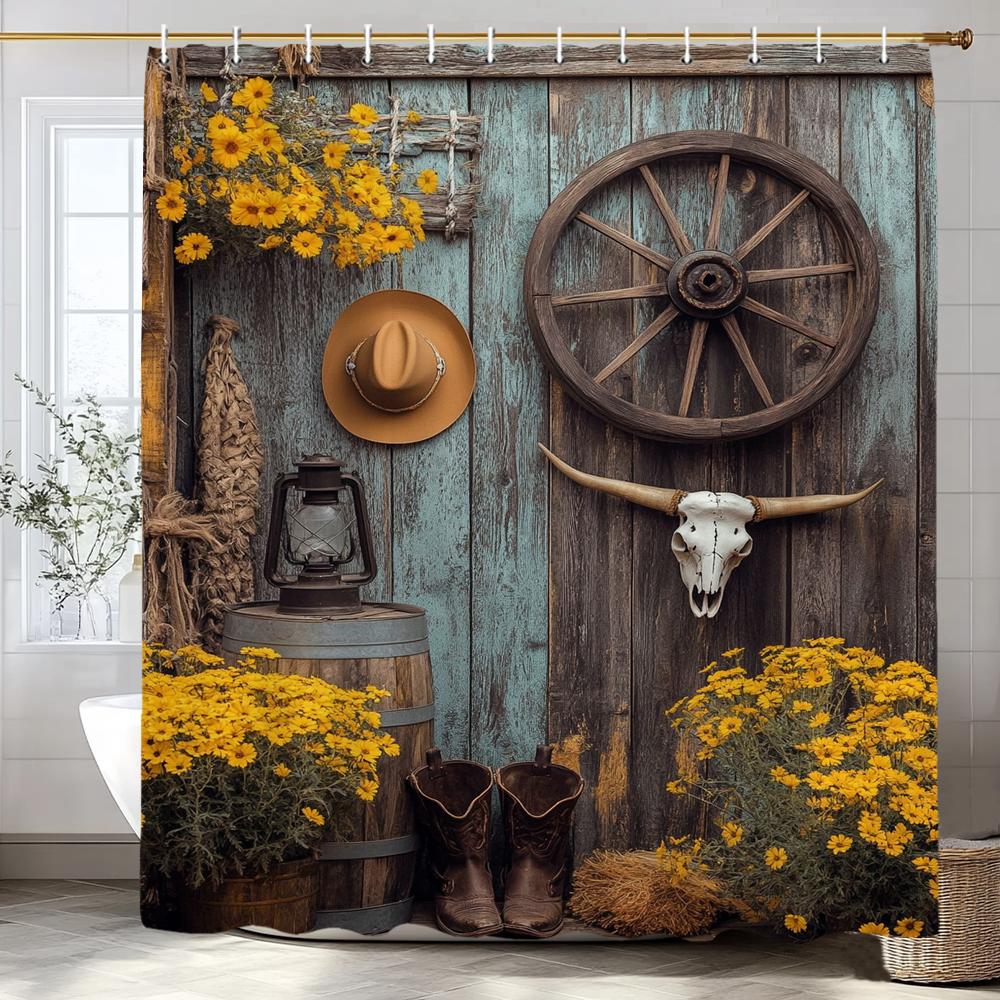 Rustic Farmhouse Garden Cowboy Theme Shower Curtain, Bathroom Decor Shower Curtain, Plants And Flowers Shower Curtain With Hooks