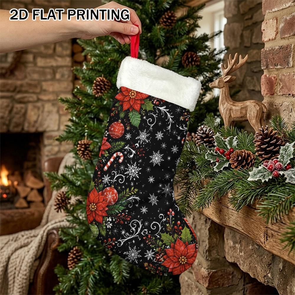 Christmas decoration fireplace hanging stocking2D Flat Printing 1pc Christmas Snowflakes And Poinsettias Graph