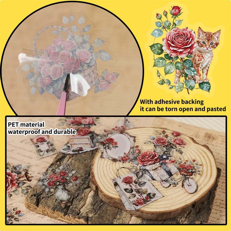 56PCS Vintage Pink Rose PET Sticker Aesthetic Colored Sticky Decoration Scrapbooking DIY Stationery Supplies