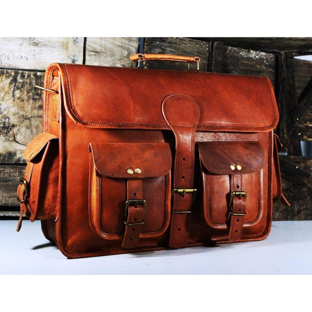 Vintage Briefcase Goat Leather Messenger Real Satchel Bag Brown Genuine Laptop