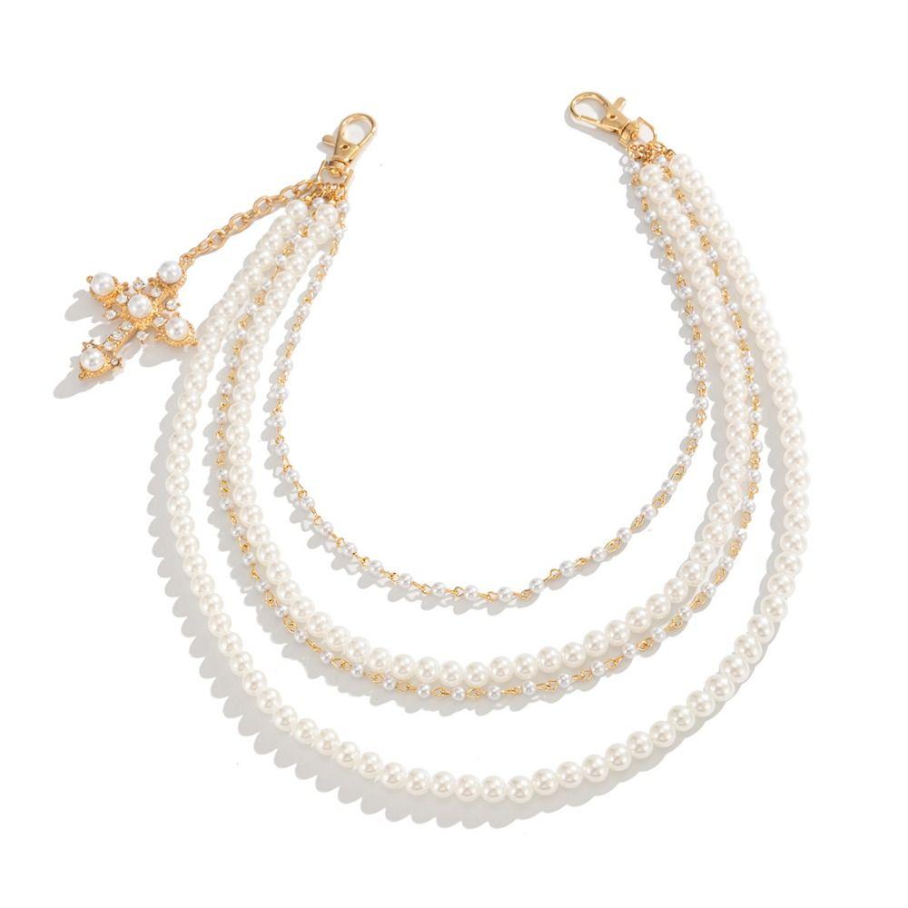 Metal Cross-shaped Pearl Waist Chains Hip Hop Waist Key Chain Pants Belt Chains For Women Man