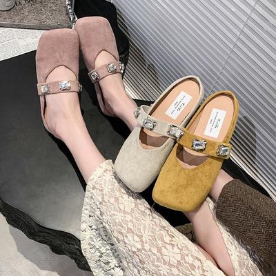 Корейская версия 2025 года, весна, новые женские туфли со стразами и неглубоким горлом, с плоским дном, квадратной головкой, туфли Мэри Джейн, полутапочки с сумкой
