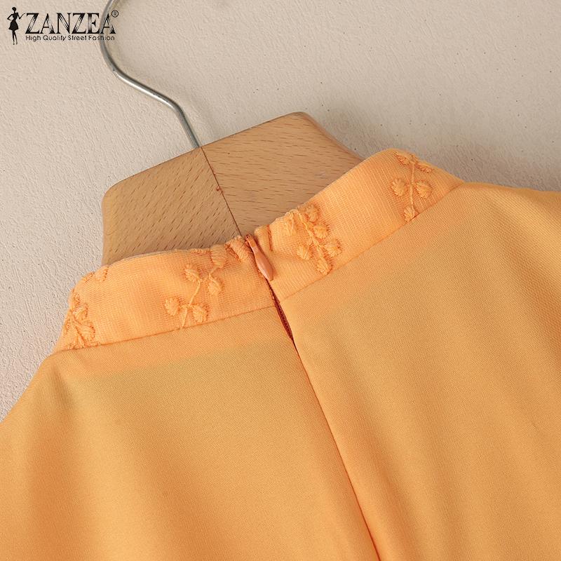 ZANZEA Женская повседневная блузка с воротником-стойкой и коротким рукавом, кружевная вышивка, пэчворк