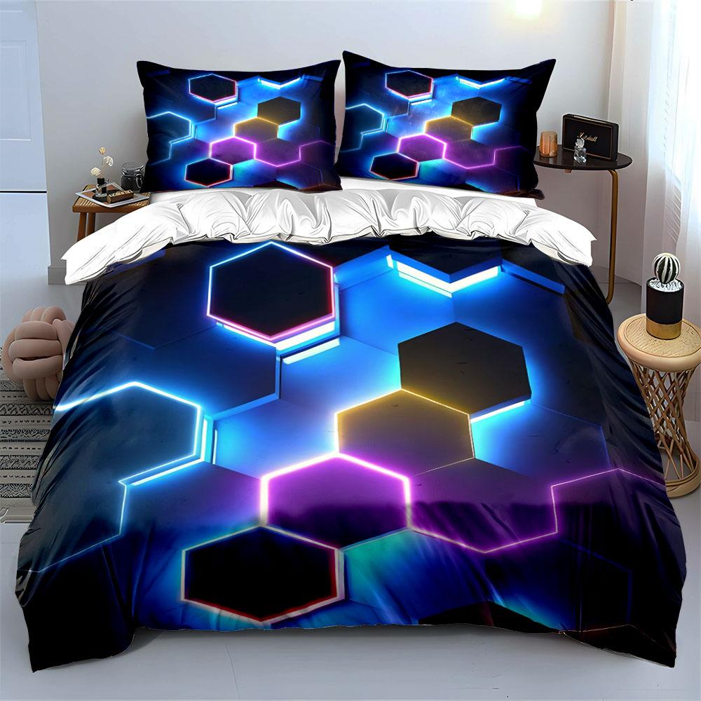 Hexagon Neon Glow Bedding Set Bedding Duvet Cover Set Duvet Cover Pillowcases (1 * Duvet Cover 2 * Pillowcases, without duvet insert)